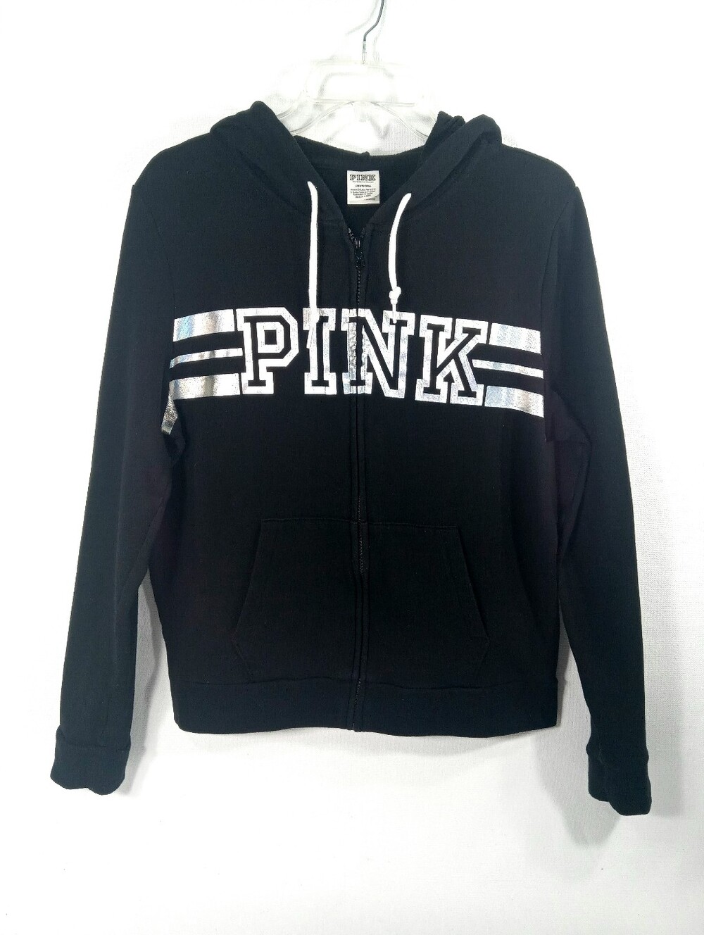 PINK Victoria's Secret Black Zip-Up Hoodie with Metallic Logo Womens Size Large